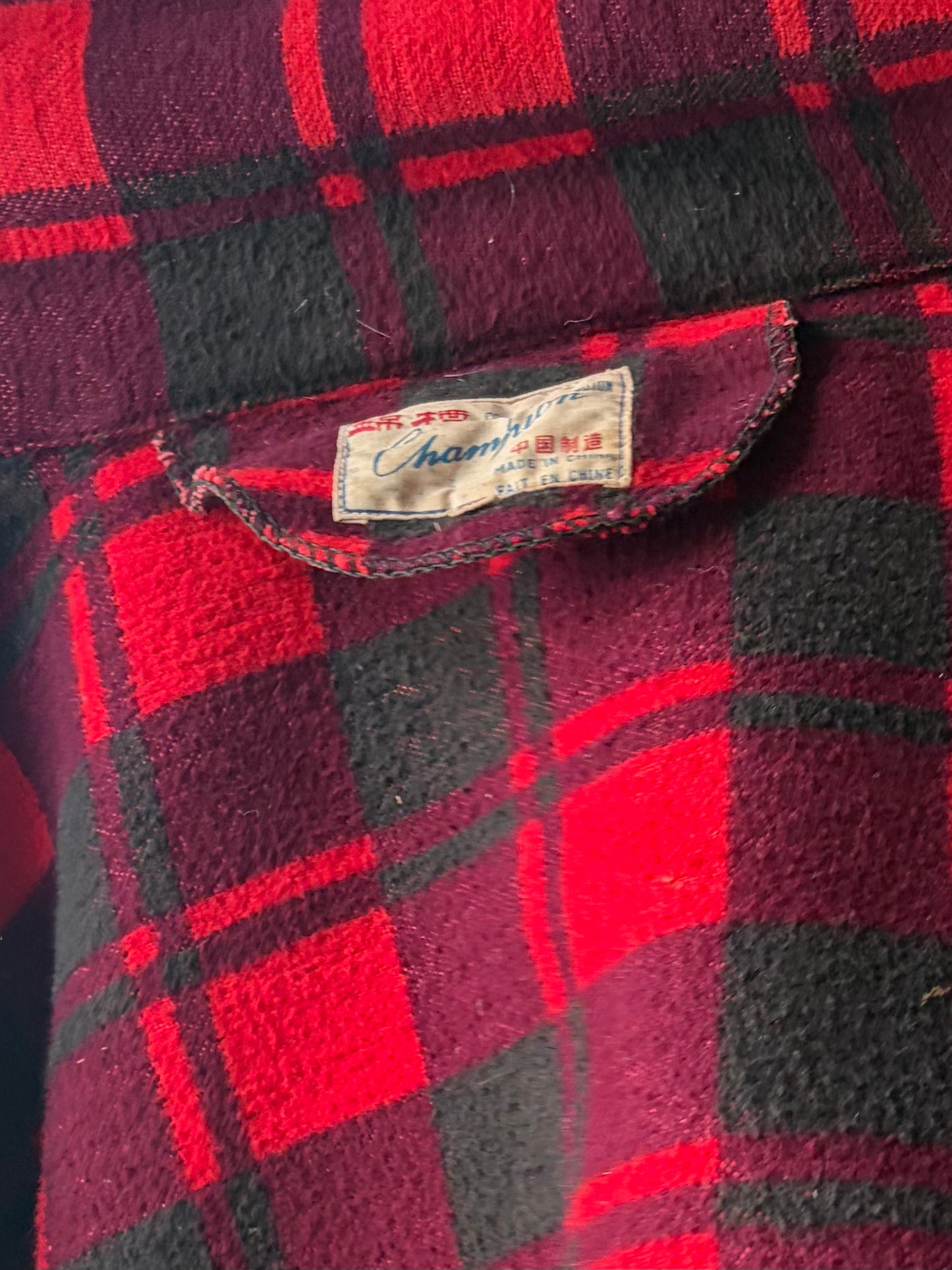 90s 'Champion' Red Trashed Cotton Plaid Oxford / 1990s Work Wear Button Up Shirt / Large