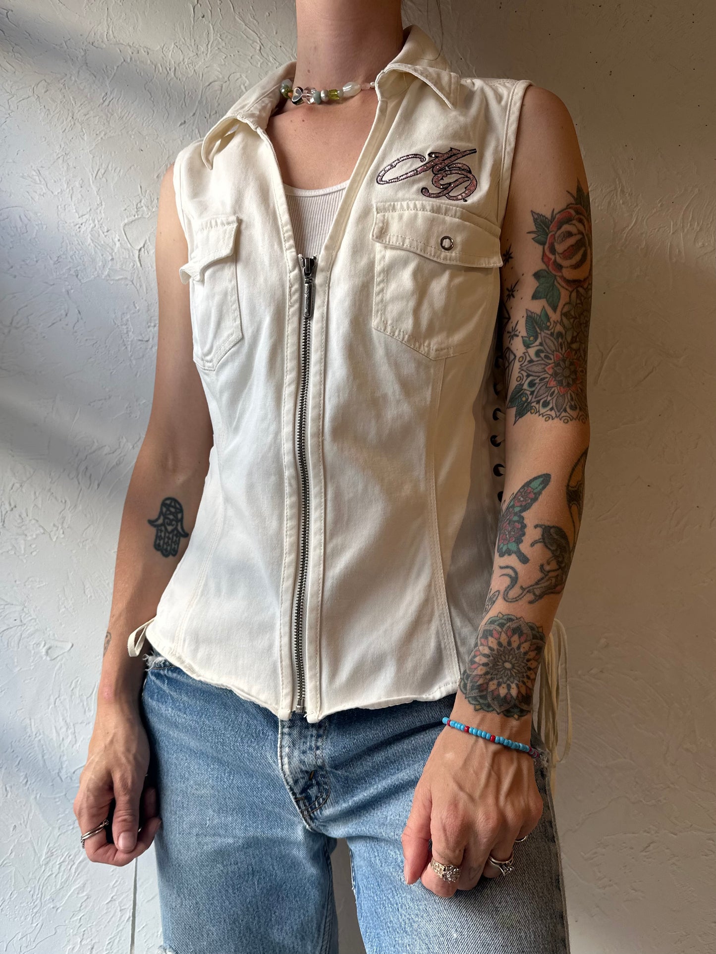 Y2K ‘Harley Davidson’ White Zip Up Vest / Large