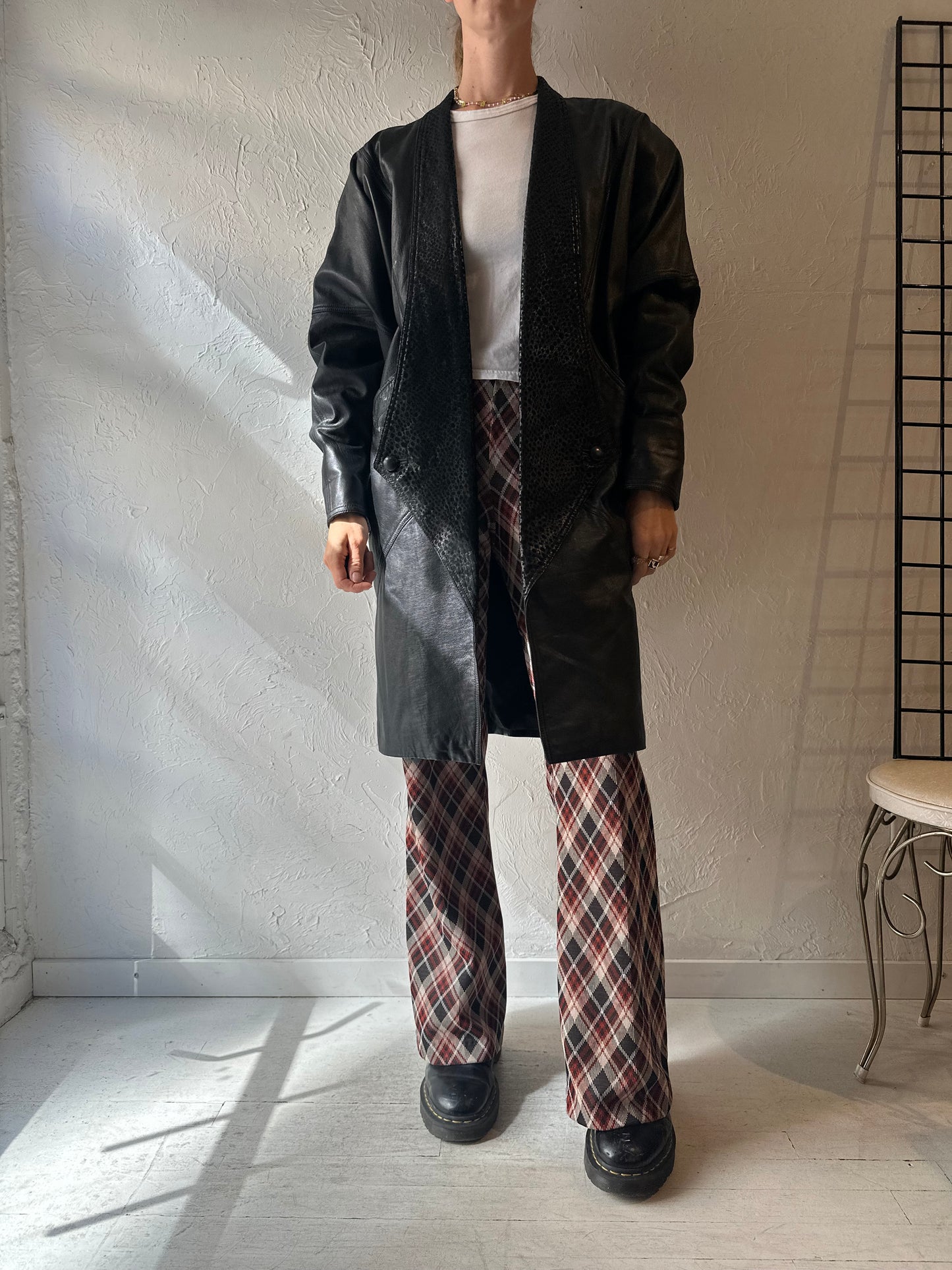 80s Black Leather Coat / Medium