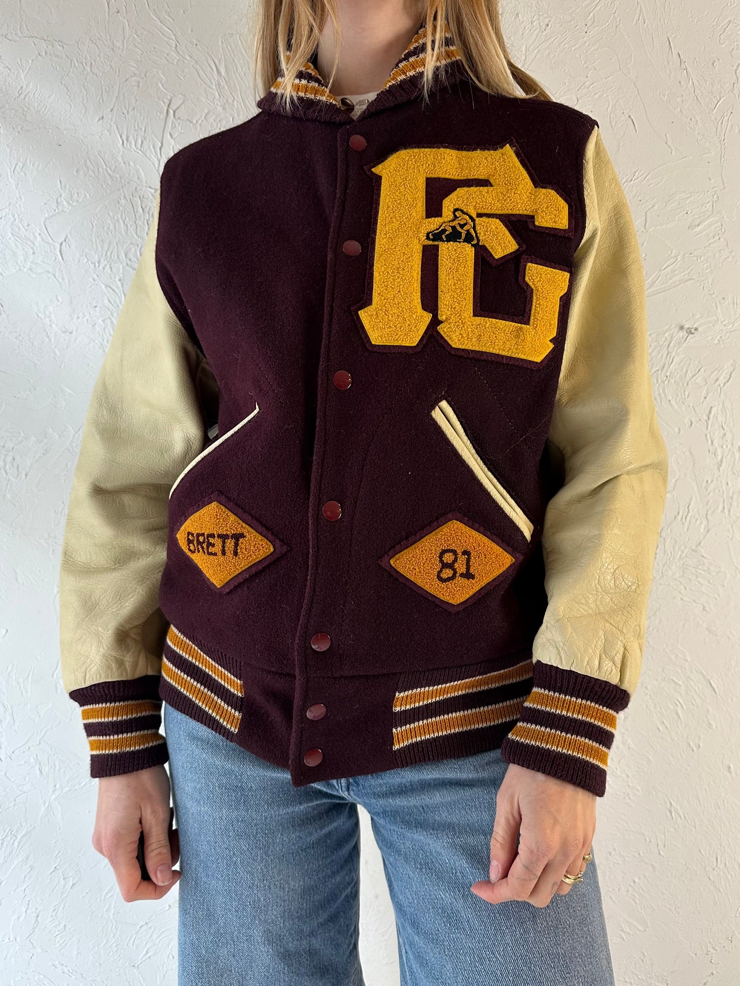 80s Leather Wool Varsity Jacket / Small