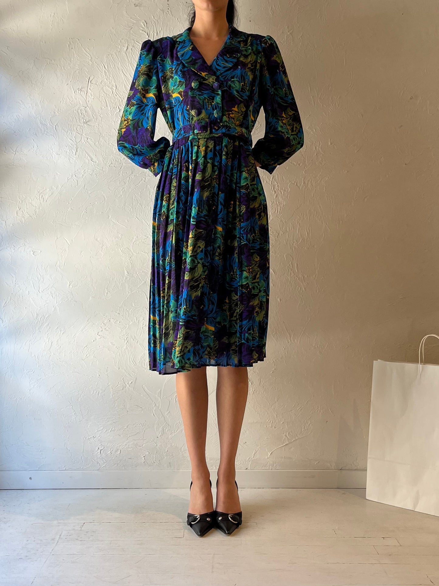 80s ‘Leslie Belle’ Blue Long Sleeve Midi Dress / Medium