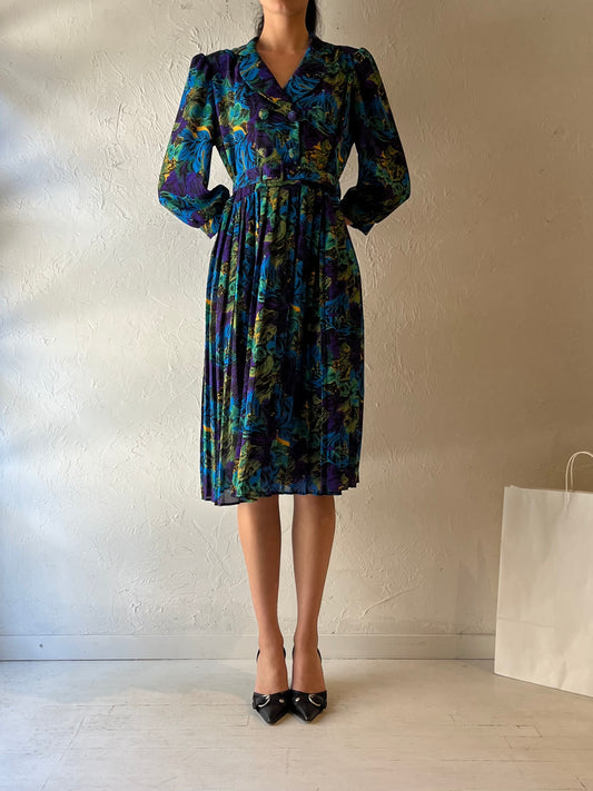 80s ‘Leslie Belle’ Blue Long Sleeve Midi Dress / Medium