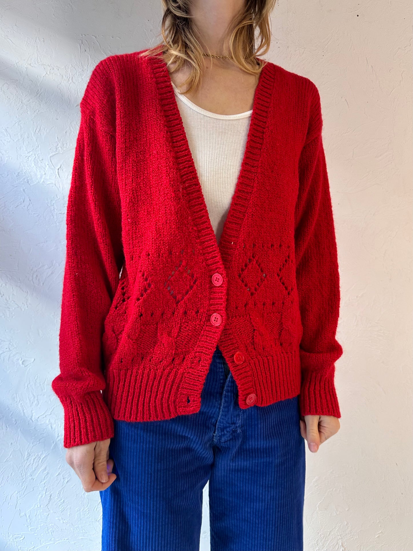 90s 'Persuasion' Red Acrylic Knit Cardigan / Medium