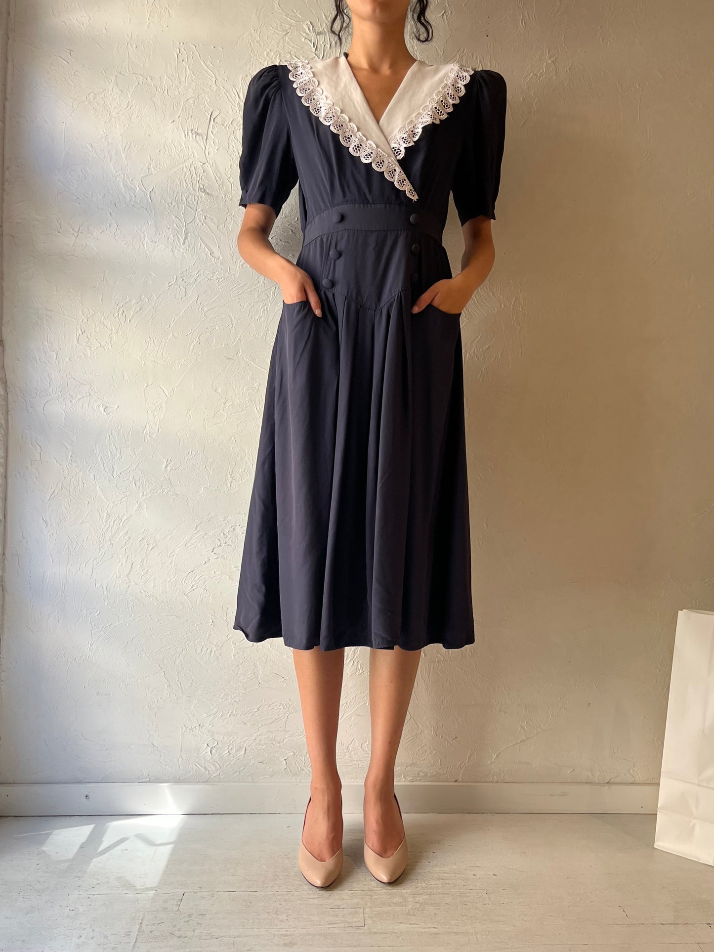 80s 'Scarlett' Black Collared Dress / Small