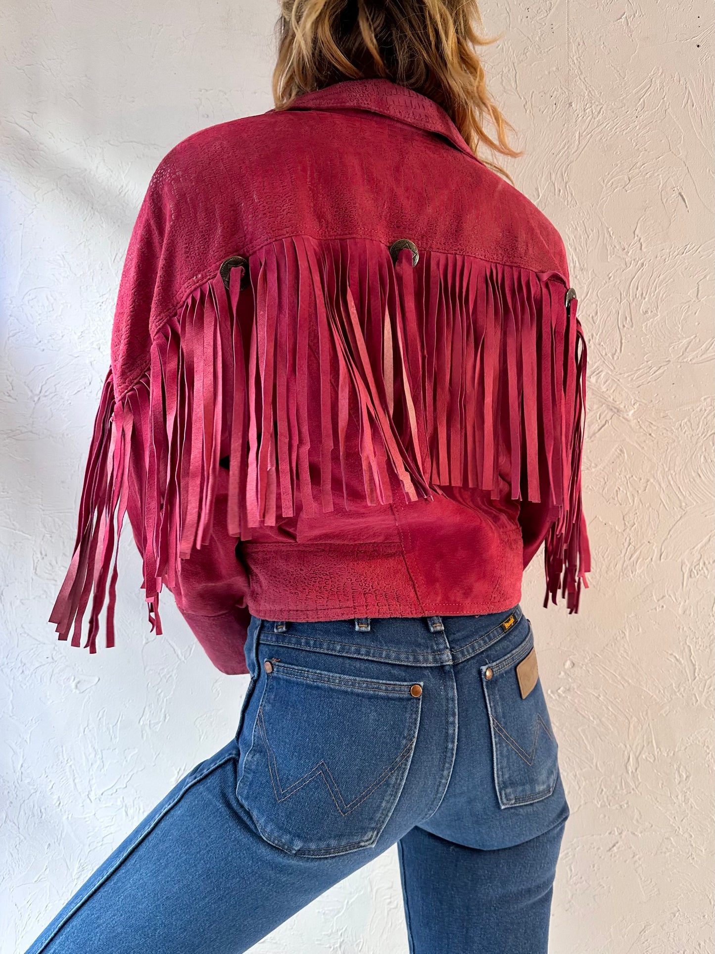 80s 'G 3' Pink Suede Leather Fringe Jacket / XS