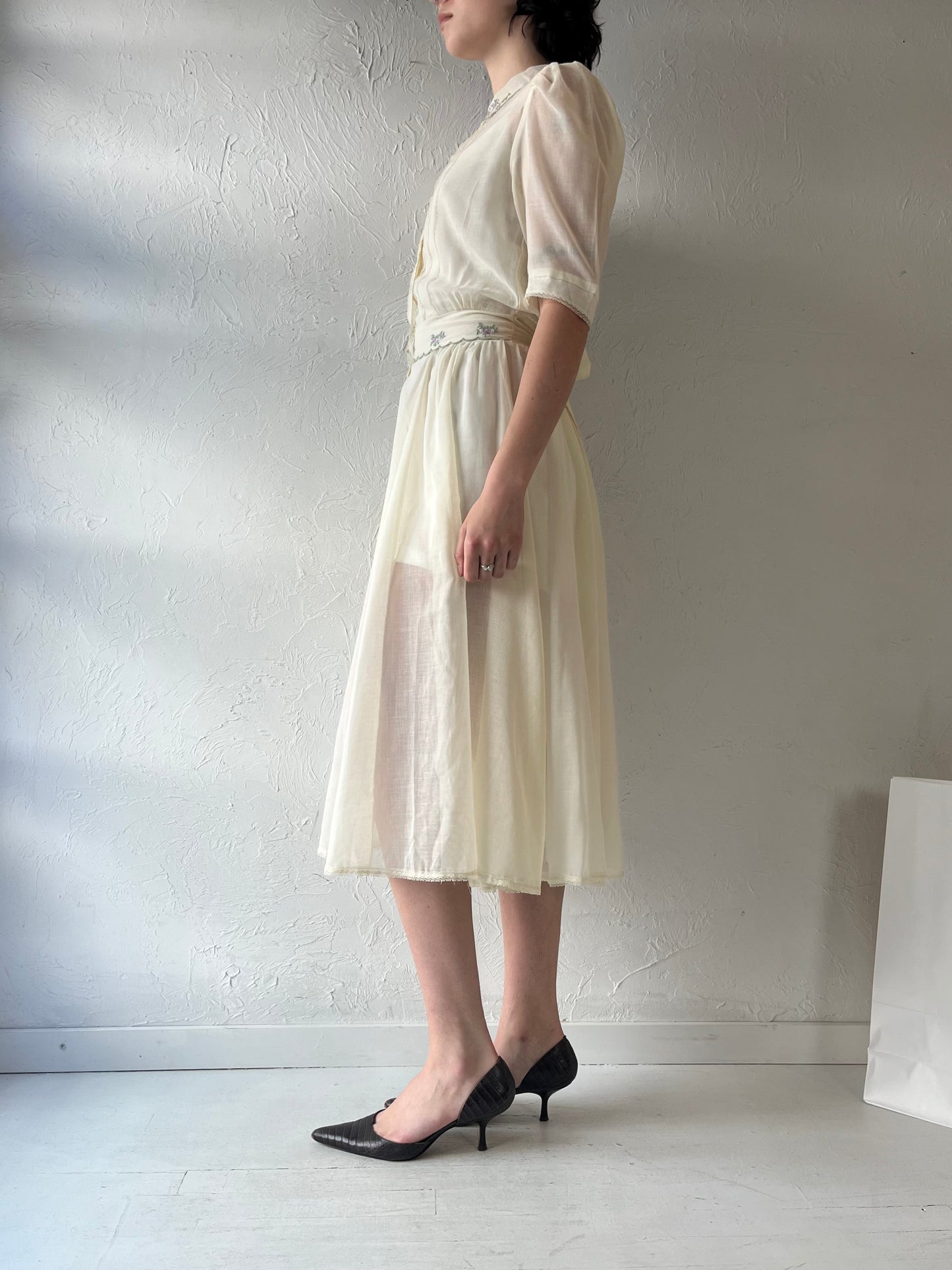 70s 'Gunne Sax' Sheer Cream Cotton Dress / Small