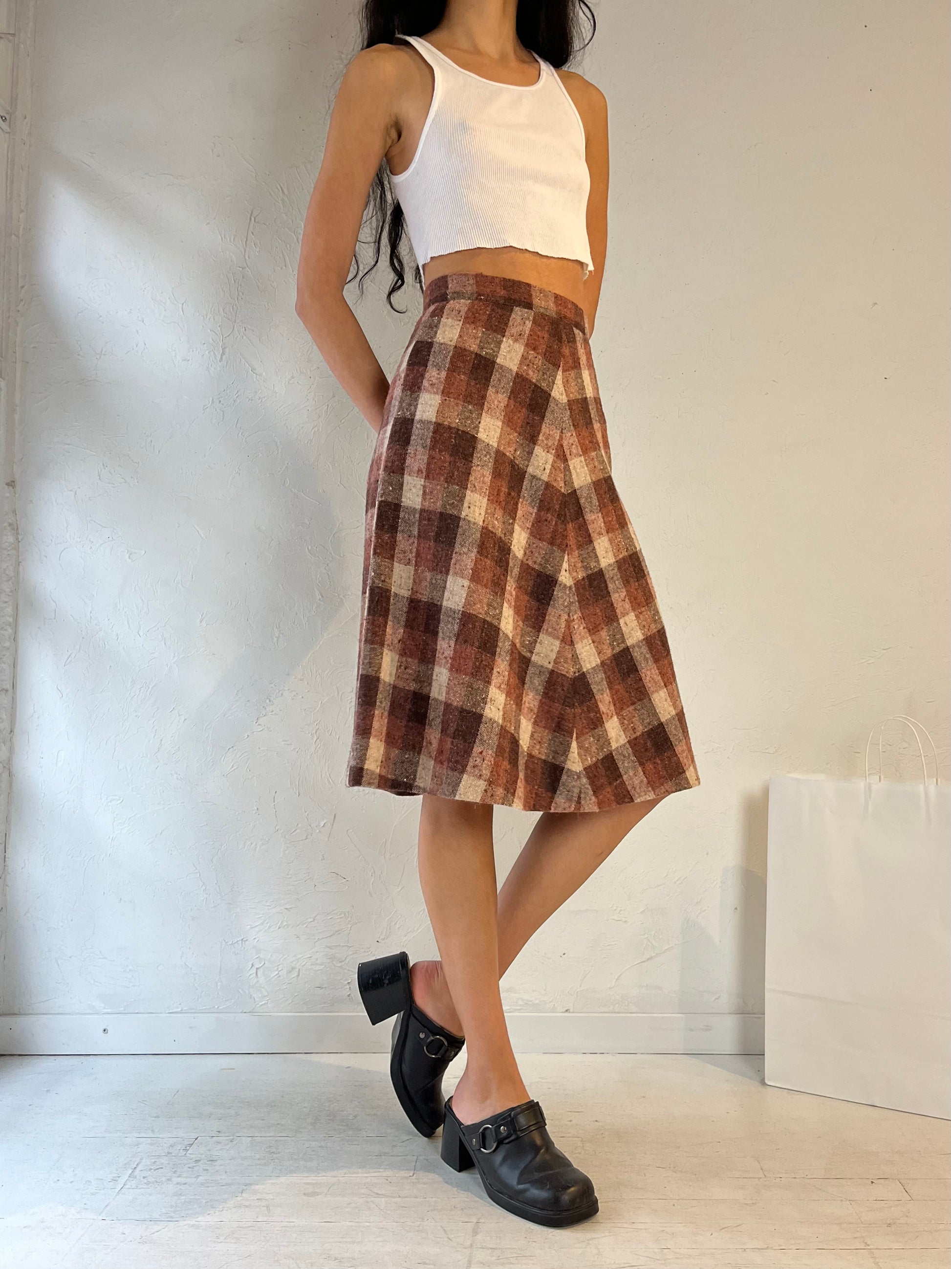 Vintage Handmade Plaid Wool Midi Skirt / XS