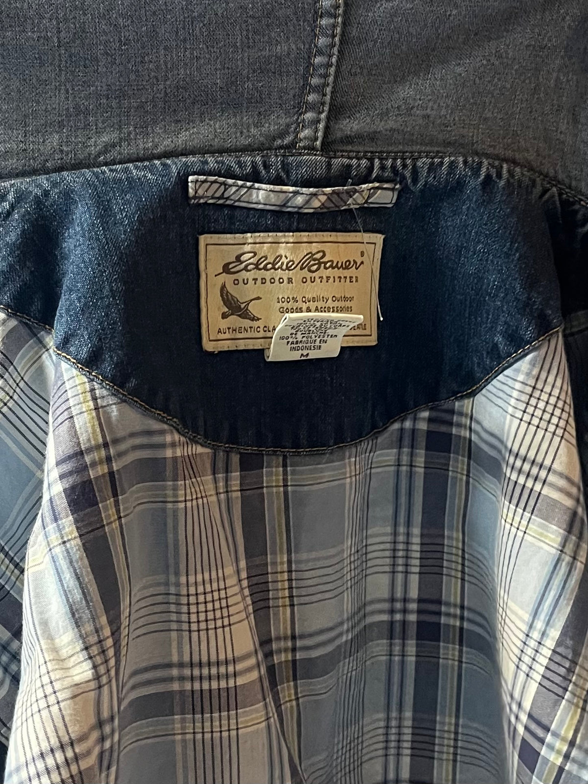 Y2k ‘Eddie Bauer’ Blue Denim Plaid Lined Chore Workwear Utility Jean Jacket / Medium