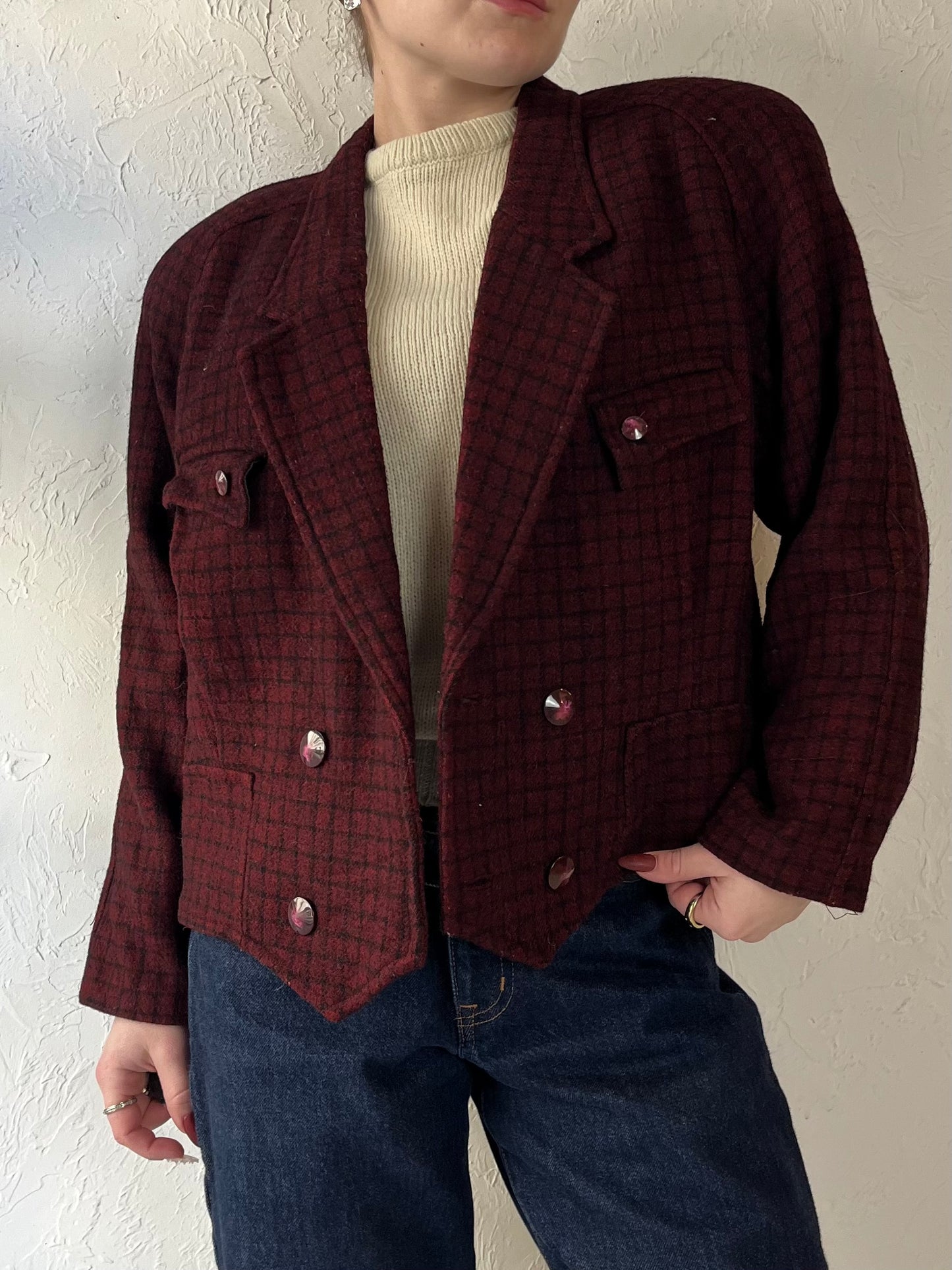 Vintage Cropped Burgundy Wool Jacket / Small