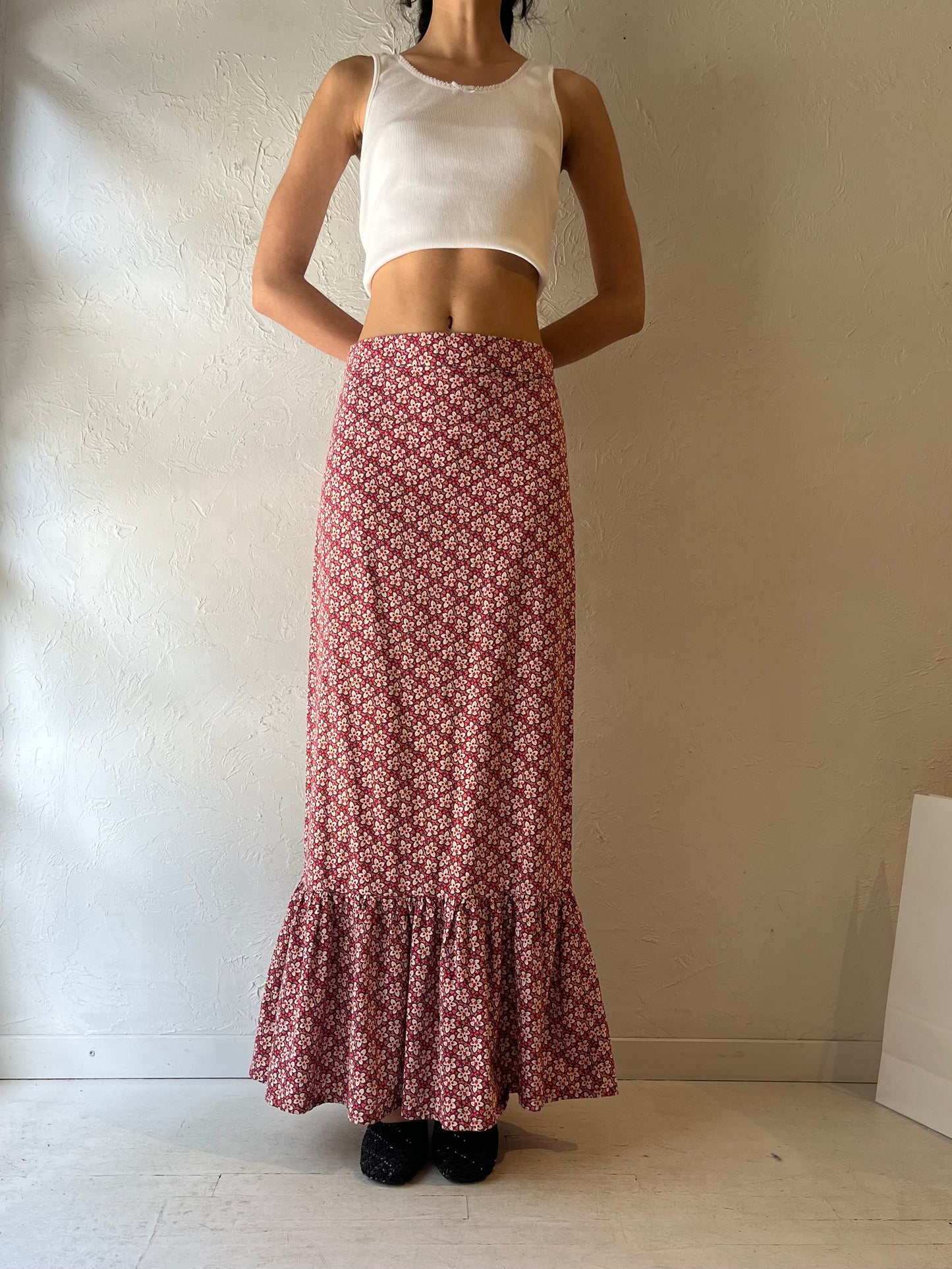 Vintage Handmade Red Floral Print Maxi Skirt / Medium