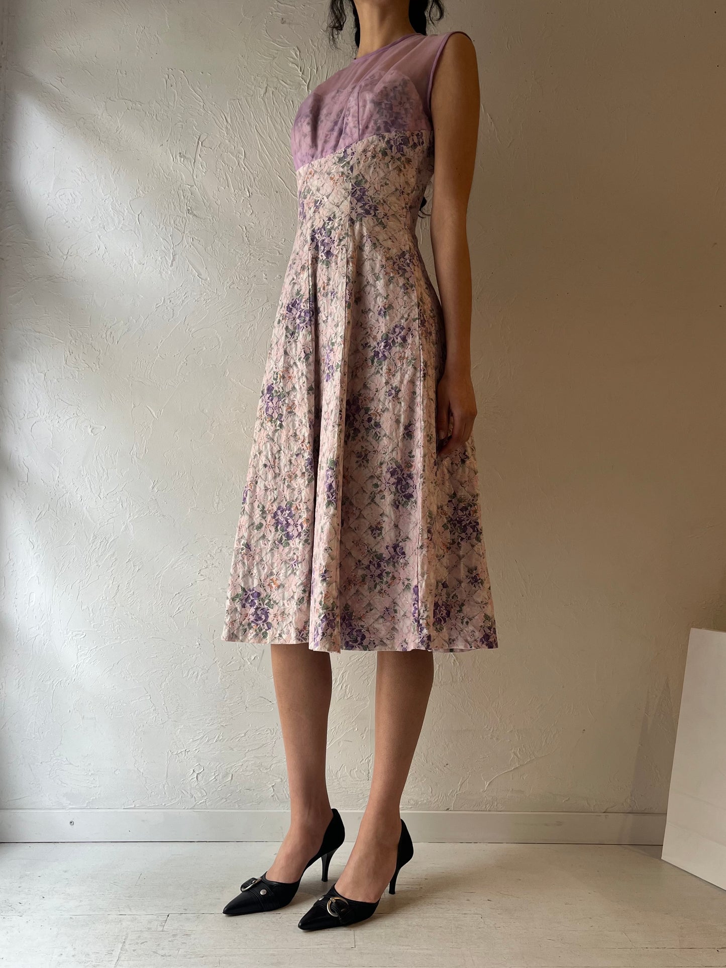 60s ‘Dress Town’ Purple Floral Lace Midi Dress / Small