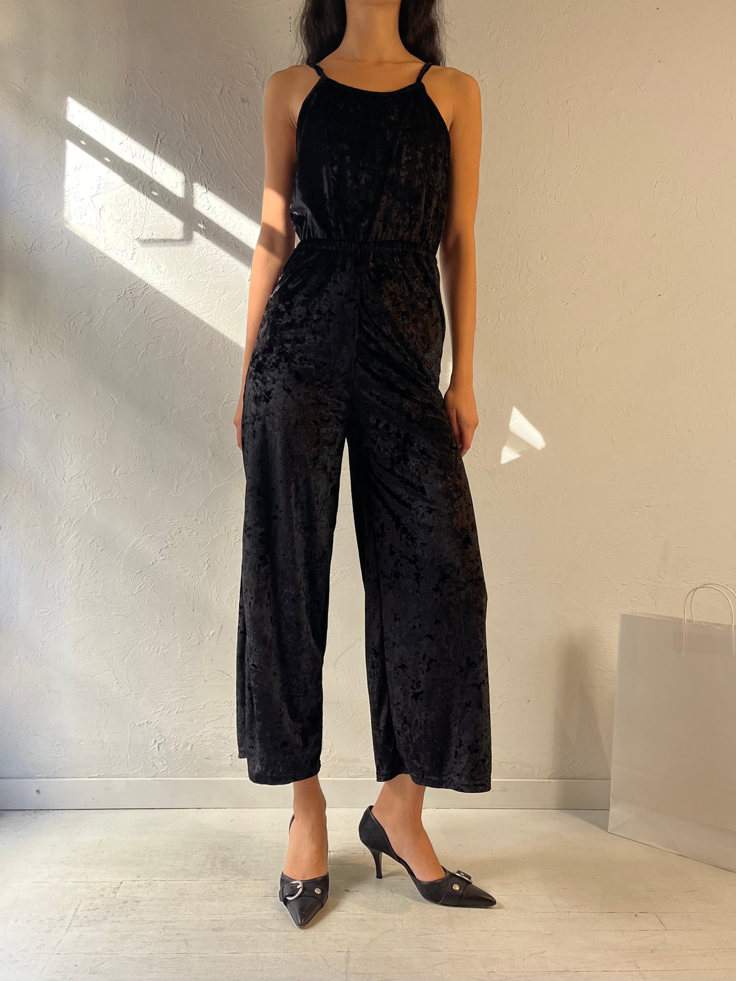 90s ‘Angie’ Black Crushed Velvet Jumpsuit / Small