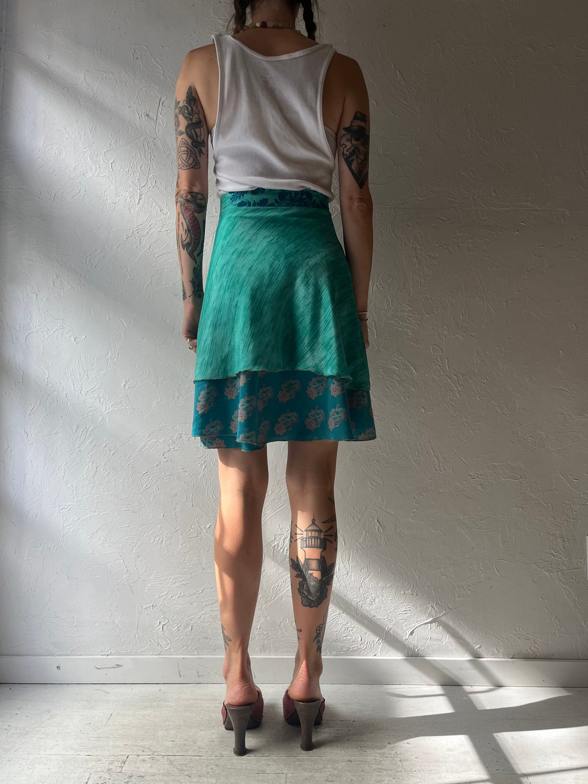 Y2k 'Dam Good Yarn' Floral Silk Hippie Boho Wrap Mini Skirt / Small - Medium