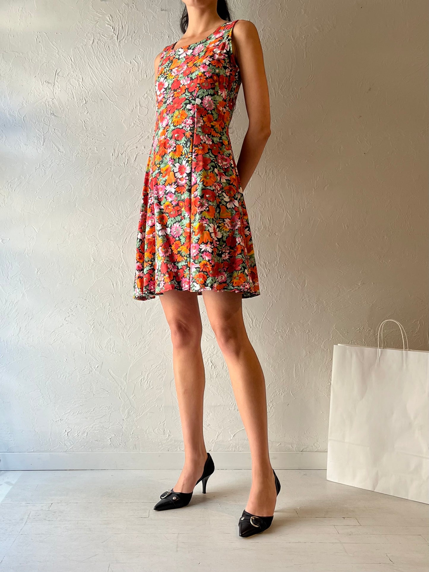 90s ‘Beechers Brook’ Orange Floral Mini Dress / Medium