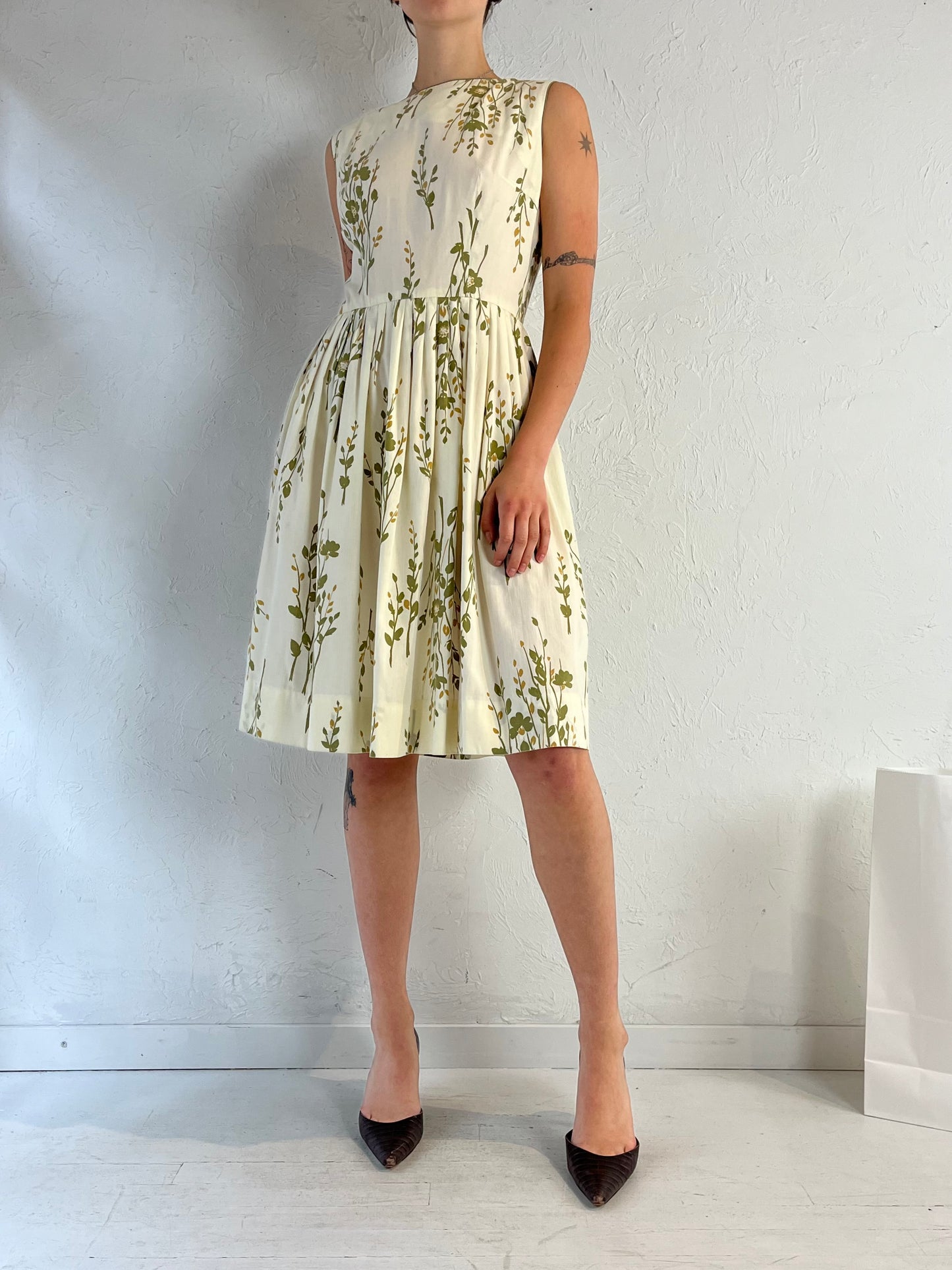 80s Cream Floral Midi Dress / Small