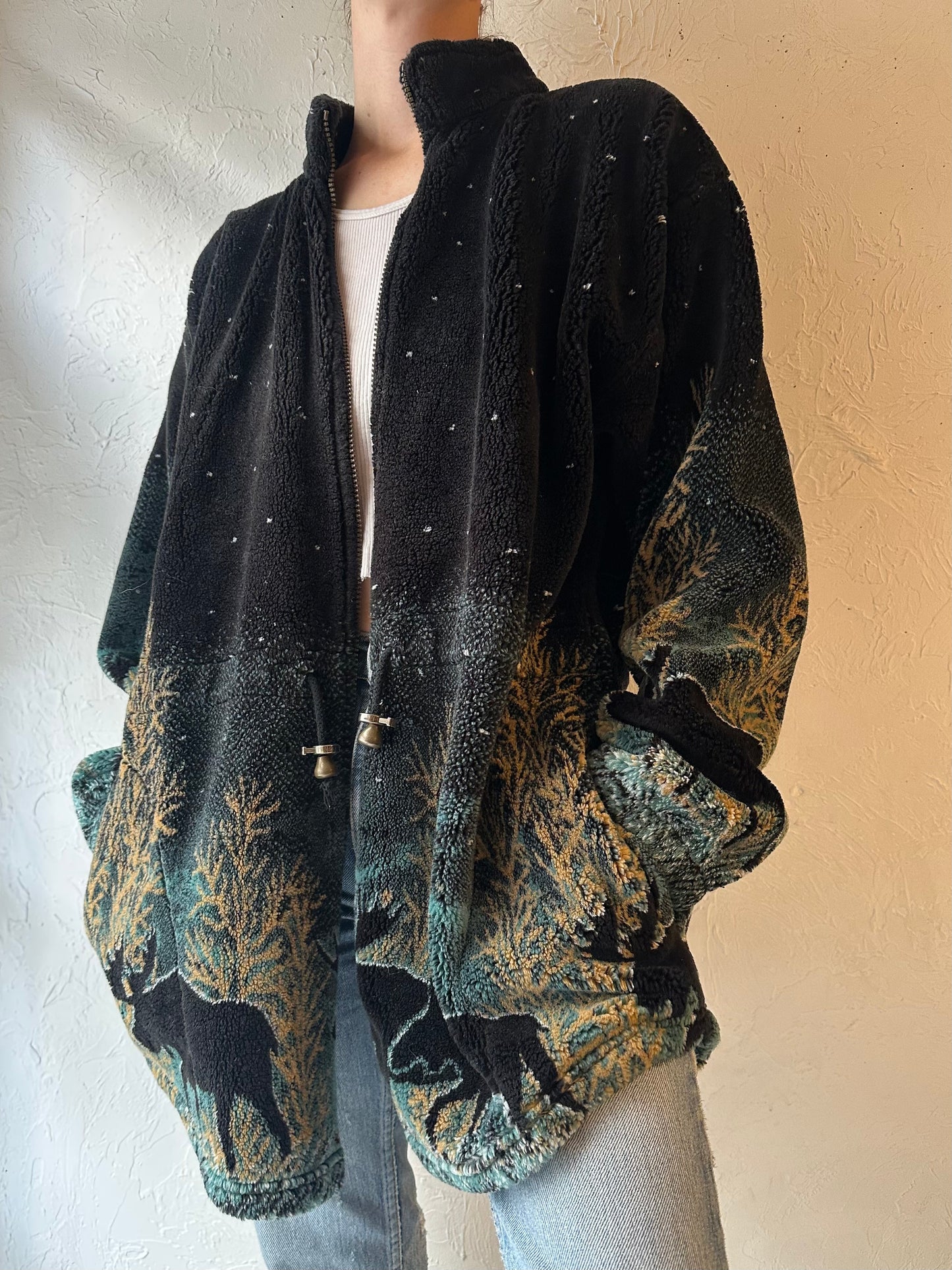 90s 'Mazmania' Winter Tree Print Fleece Jacket / Large