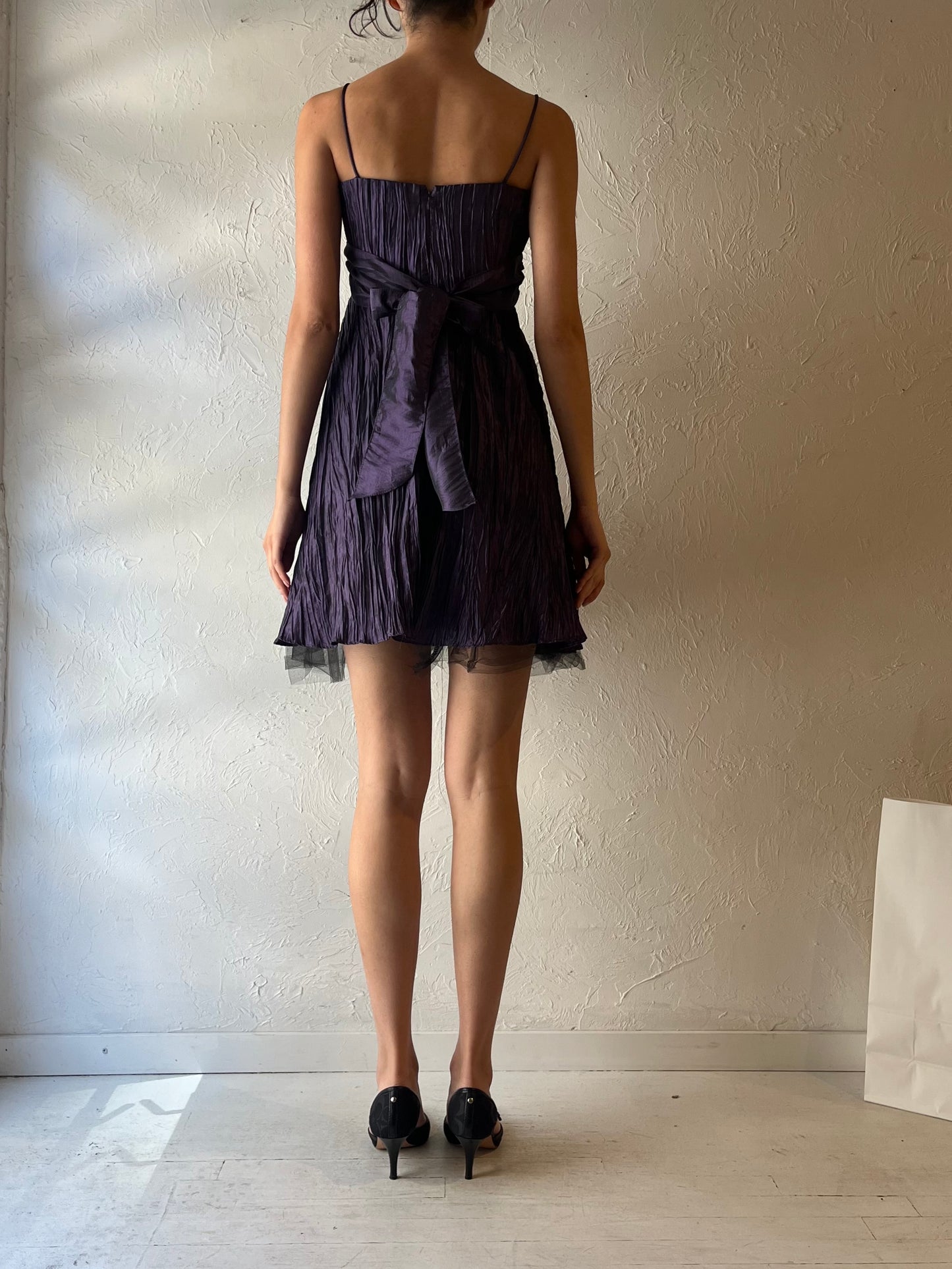 90s ‘Le Chateau’ Purple Crinkle Mini Dress / Small