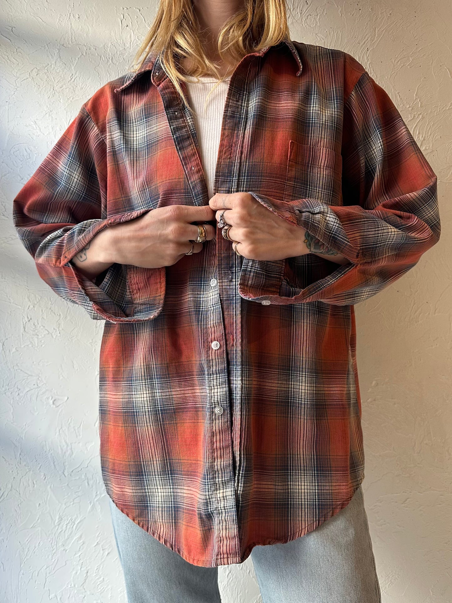 90s ‘MWG’ Orange Plaid Cotton Button Up Shirt / Medium
