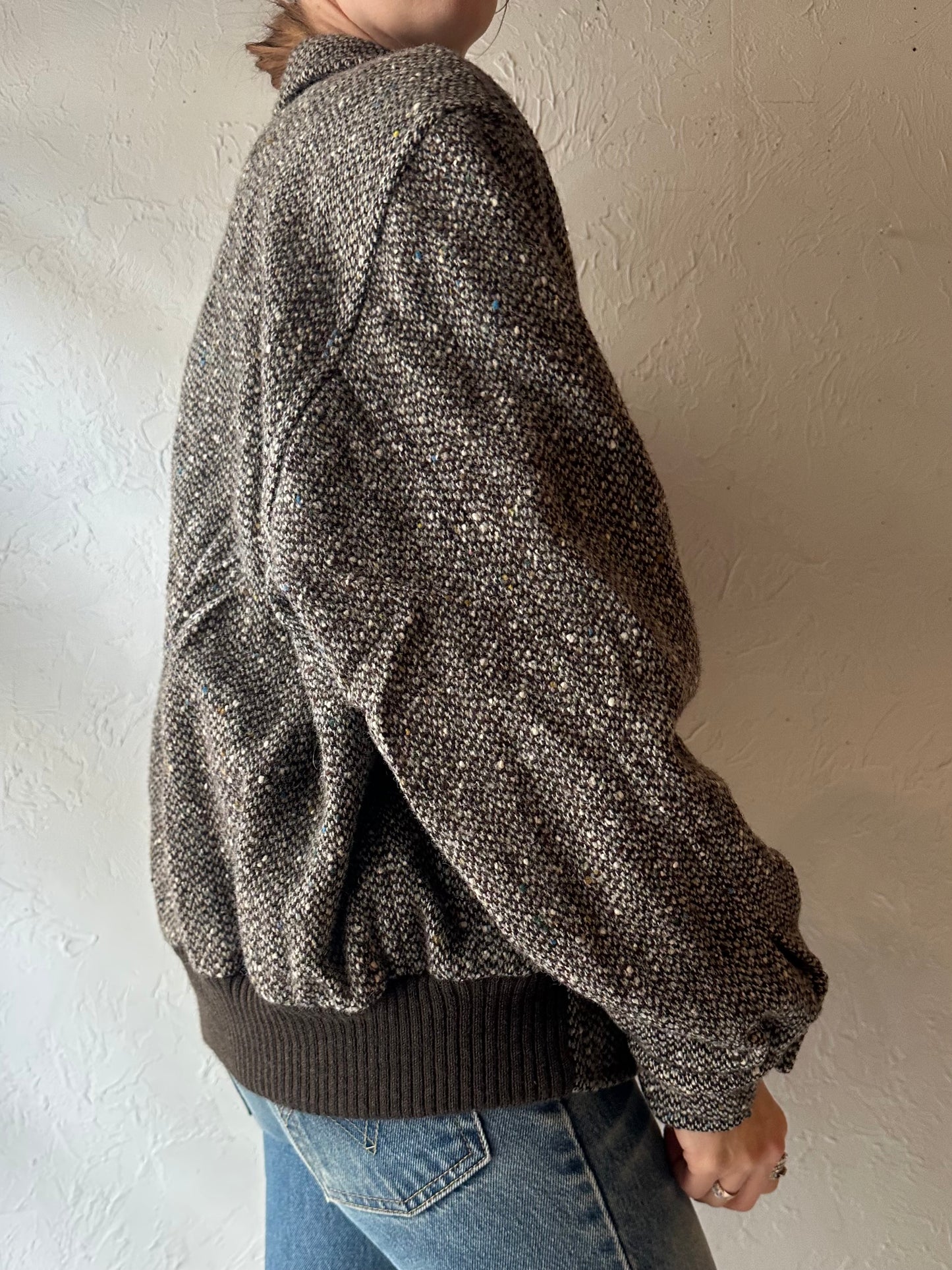 90s Brown Tweed Knit Bomber Jacket / Small