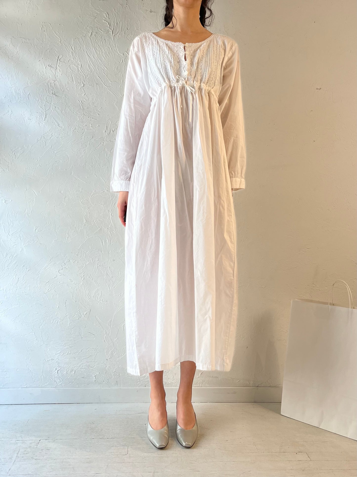 90s ‘Higher State’ Long Sleeve White Cotton Dress / Large