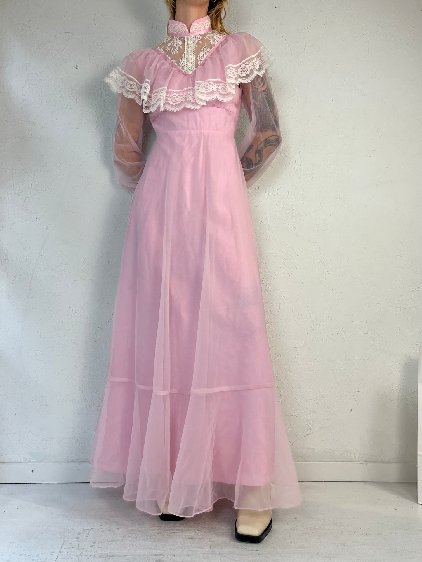 Vintage 1970s Pink Cottage Core Maxi Dress / Union Made / Small