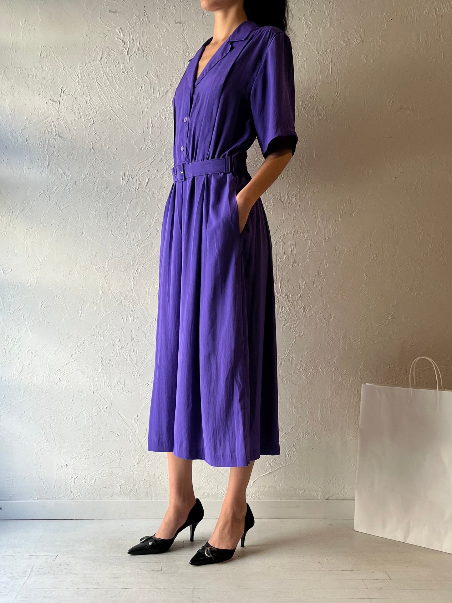 90s ‘Cimone’ Purple Collared Midi Dress / Medium