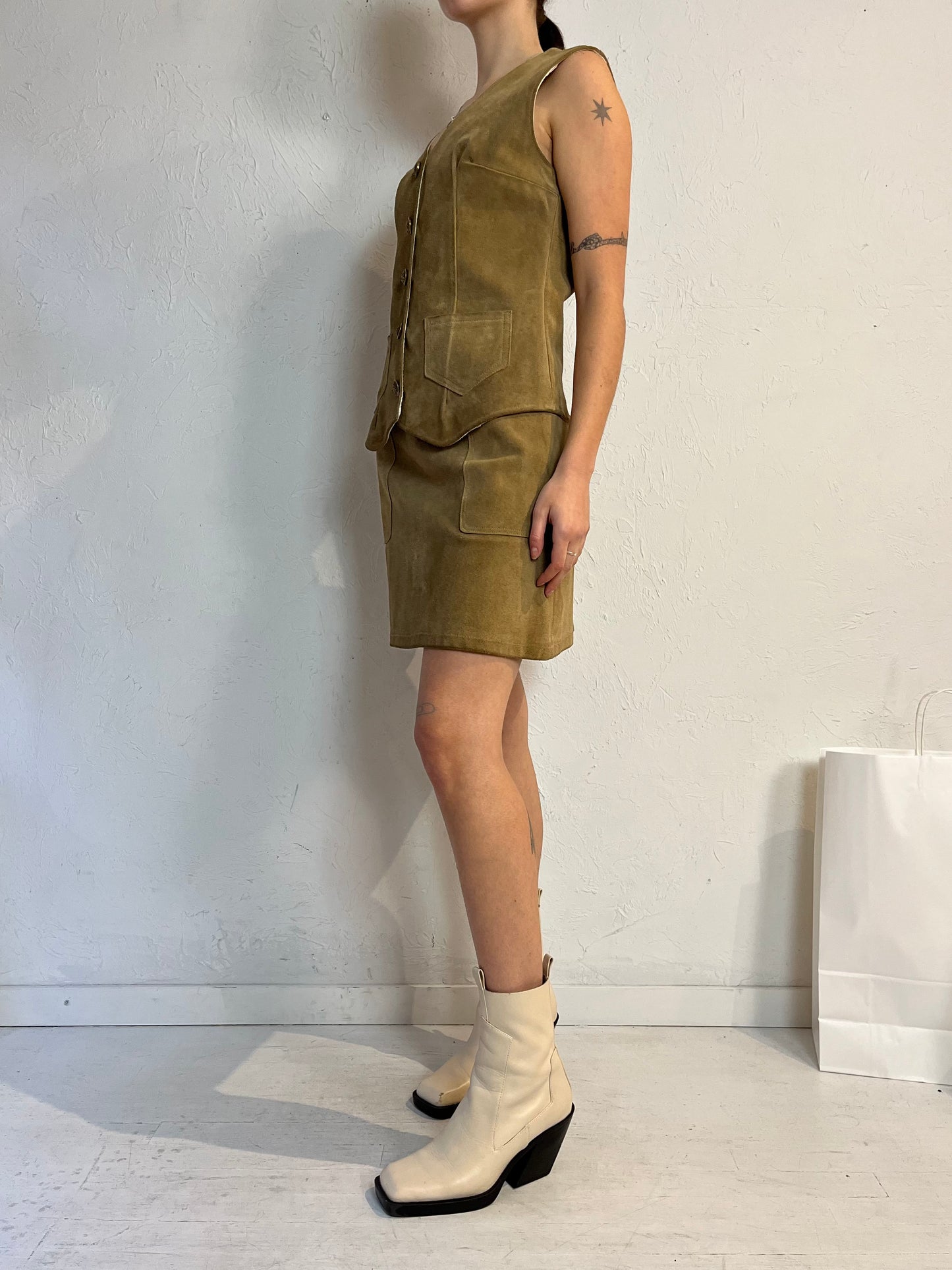 70s 'Danyali' Suede Leather Vest Skirt Set / Medium