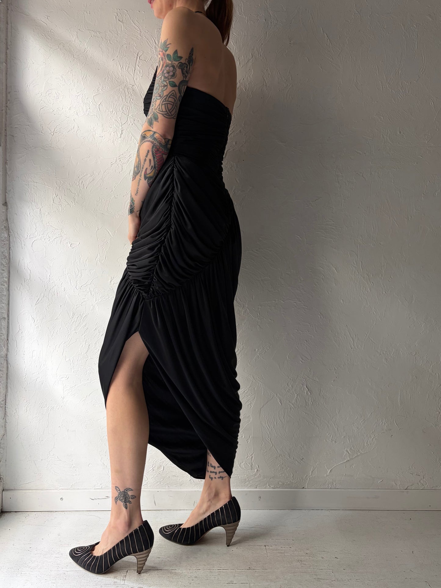 80s Strapless Black Formal 1980s Romanic Goth-core Prom Dress / Small