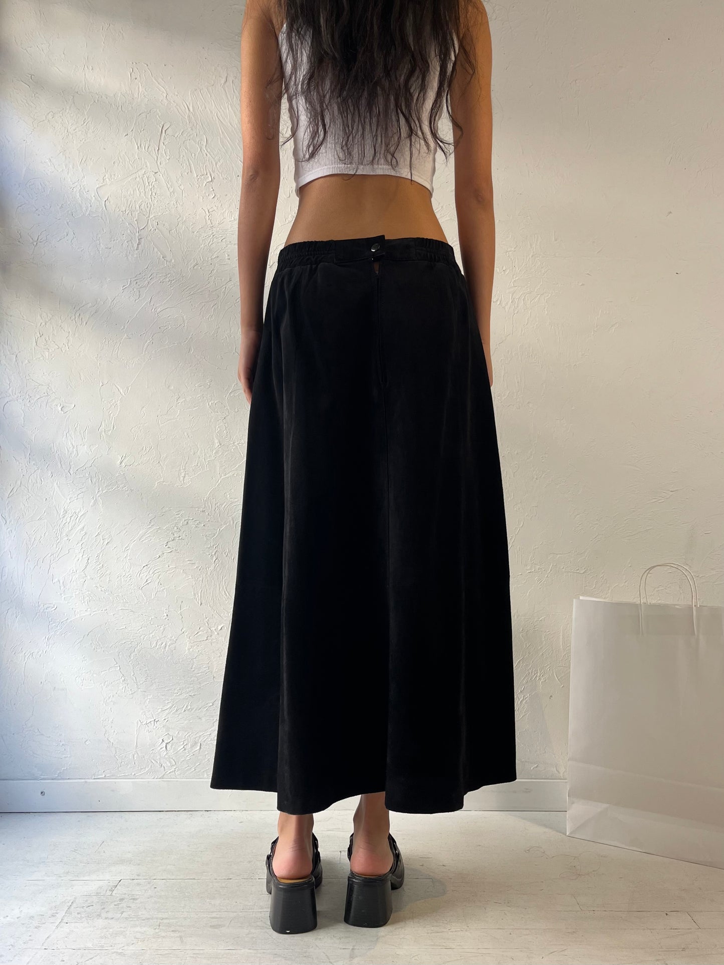 90s 'Choses' Black Suede Leather Maxi Skirt / Small - Medium