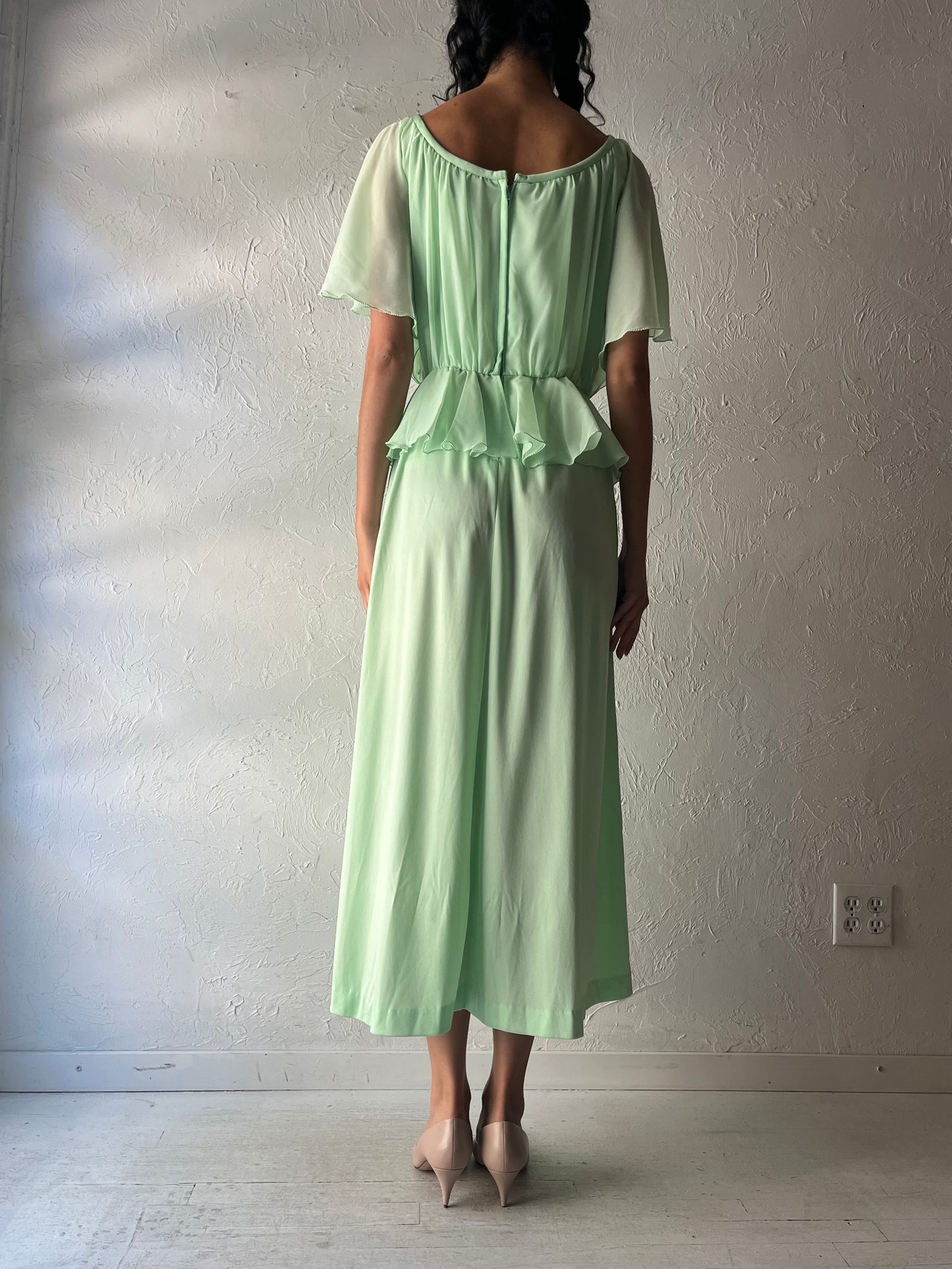 70s 'Nu Mode' Green Formal Dress / Small