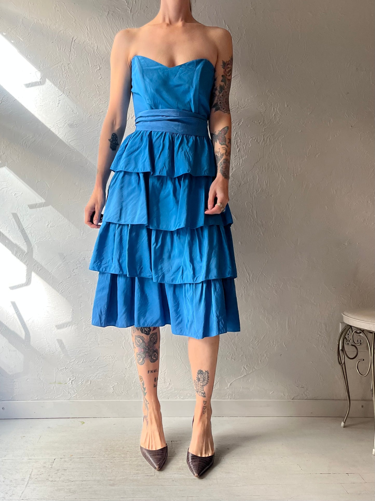 80s 'Memories' Blue Strapless Midi Dress / Small
