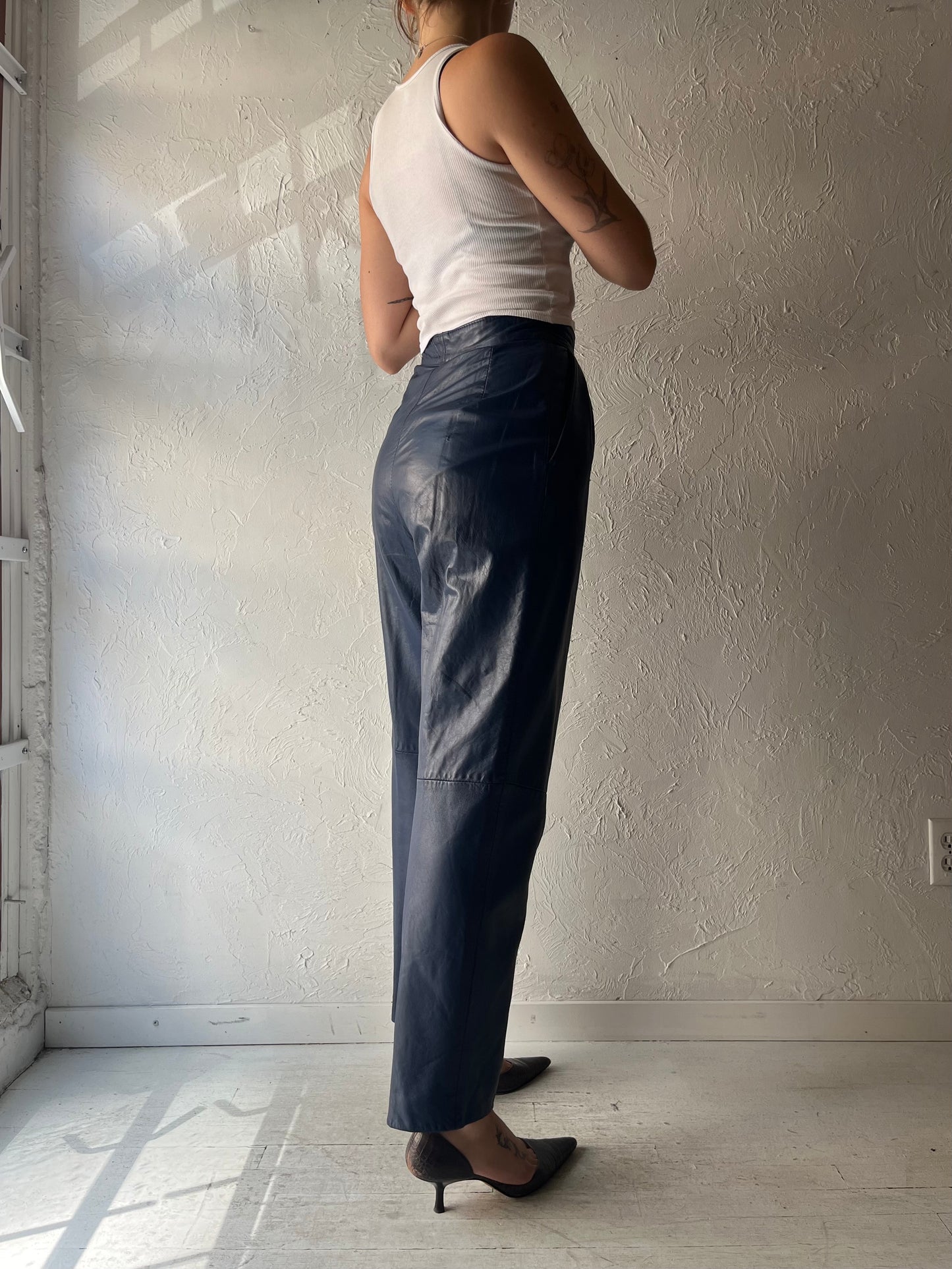 80s 'Marquis' Retro Blue Hight Waisted Leather Trouser Pants / Small