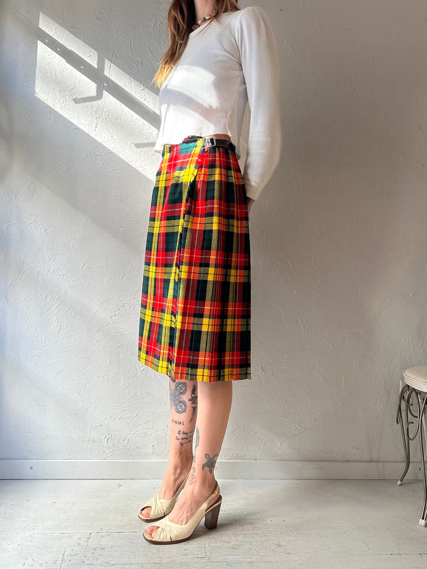 70s 'St Michael' Plaid Pleated Midi Wrap Skirt / Small