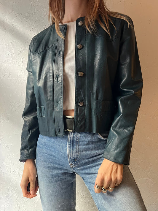90s ‘Lanna’ Cropped Green Leather Jacket / Small