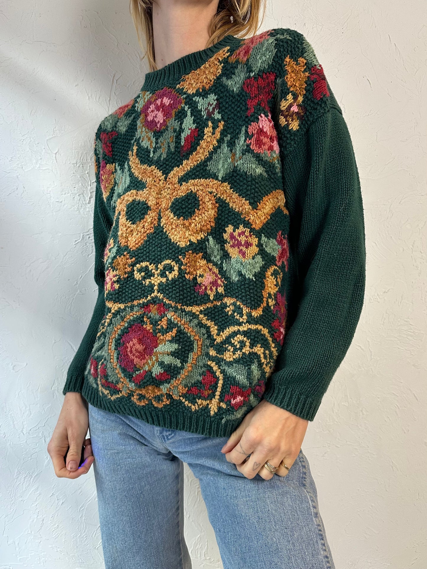 Y2K 'Rachel Max' Green Floral Knit Sweater / Medium