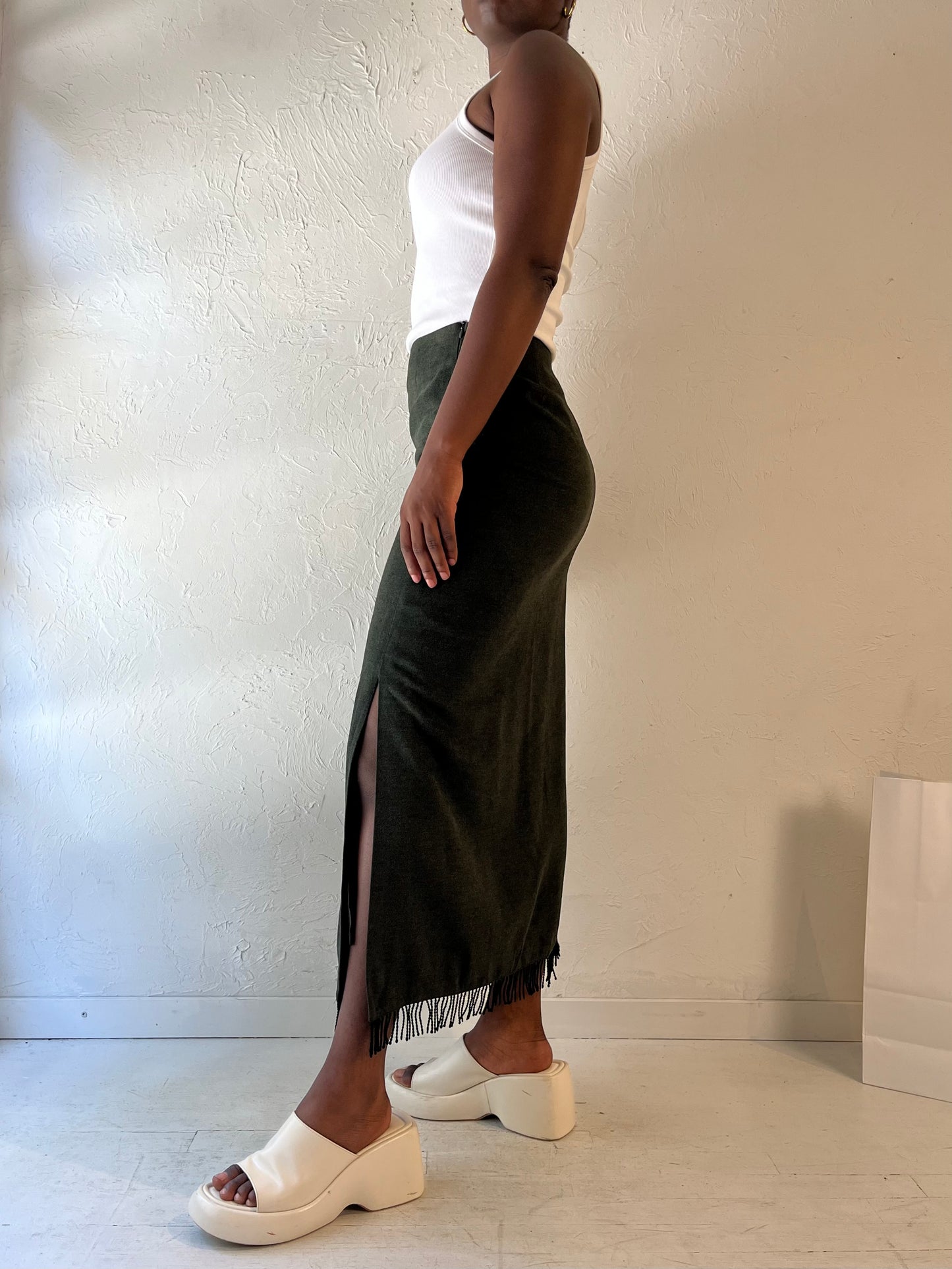 90s 'Dalia' Dark Green Micro Suede Maxi Skirt / Medium