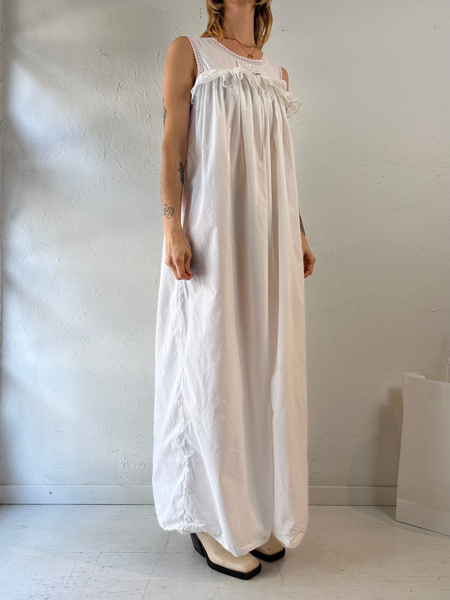 Vintage White Cotton Sleeveless Maxi Dress / Large