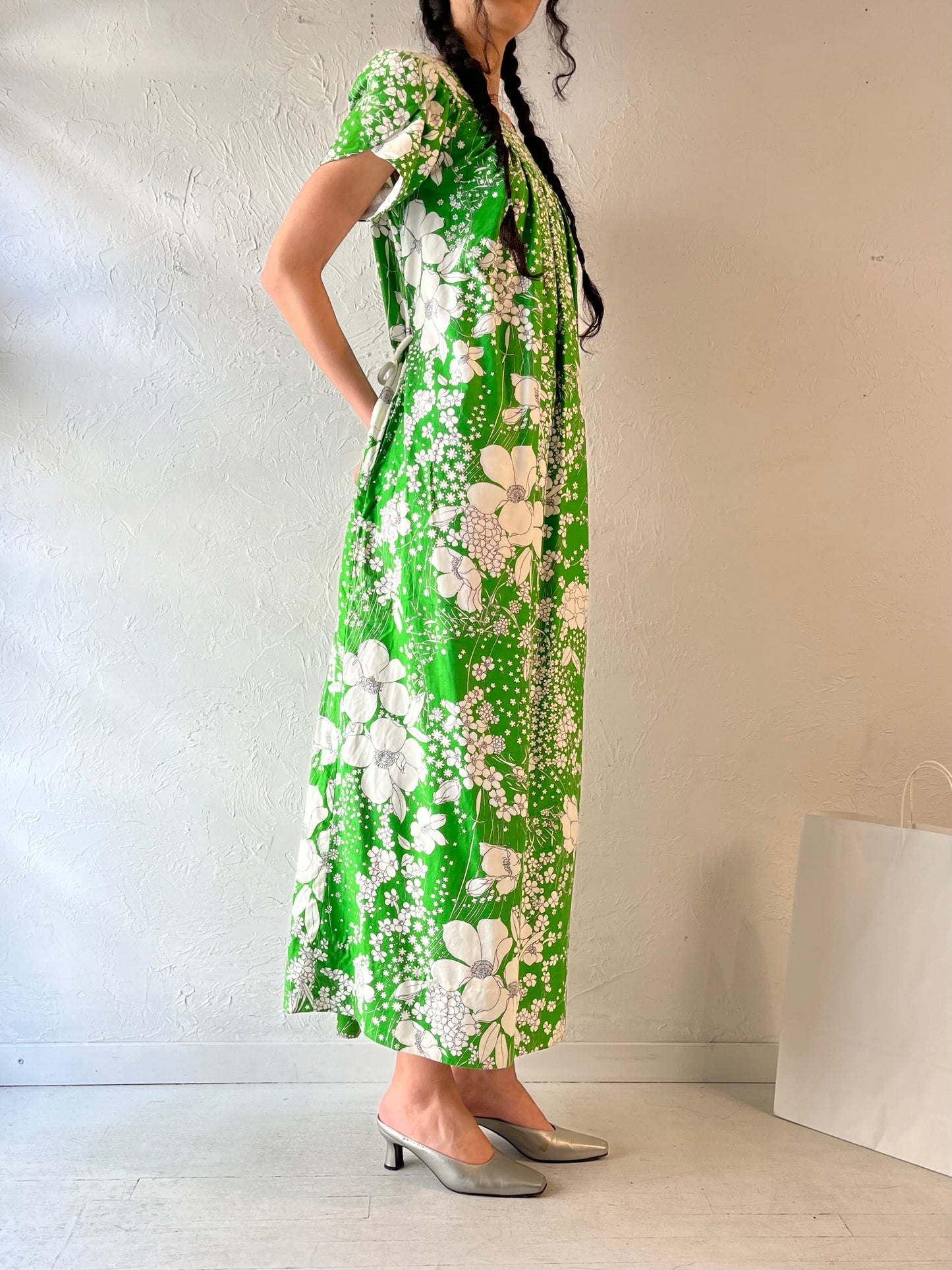 Vintage 70s Handmade Green Floral Maxi Dress / Small - Medium