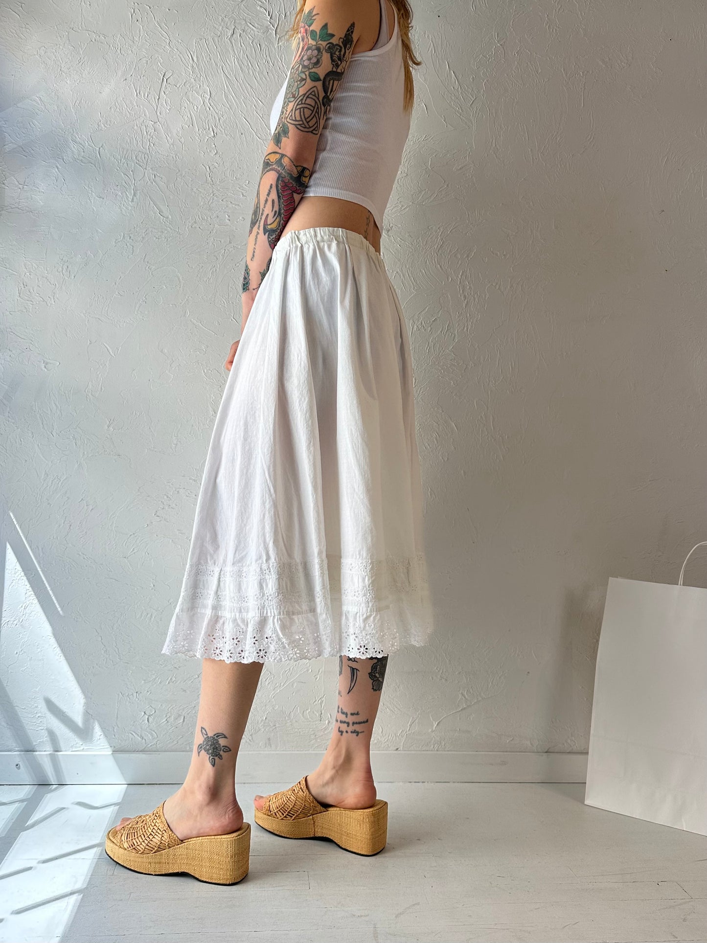 Vintage Handmade White Cotton Midi Skirt / Medium