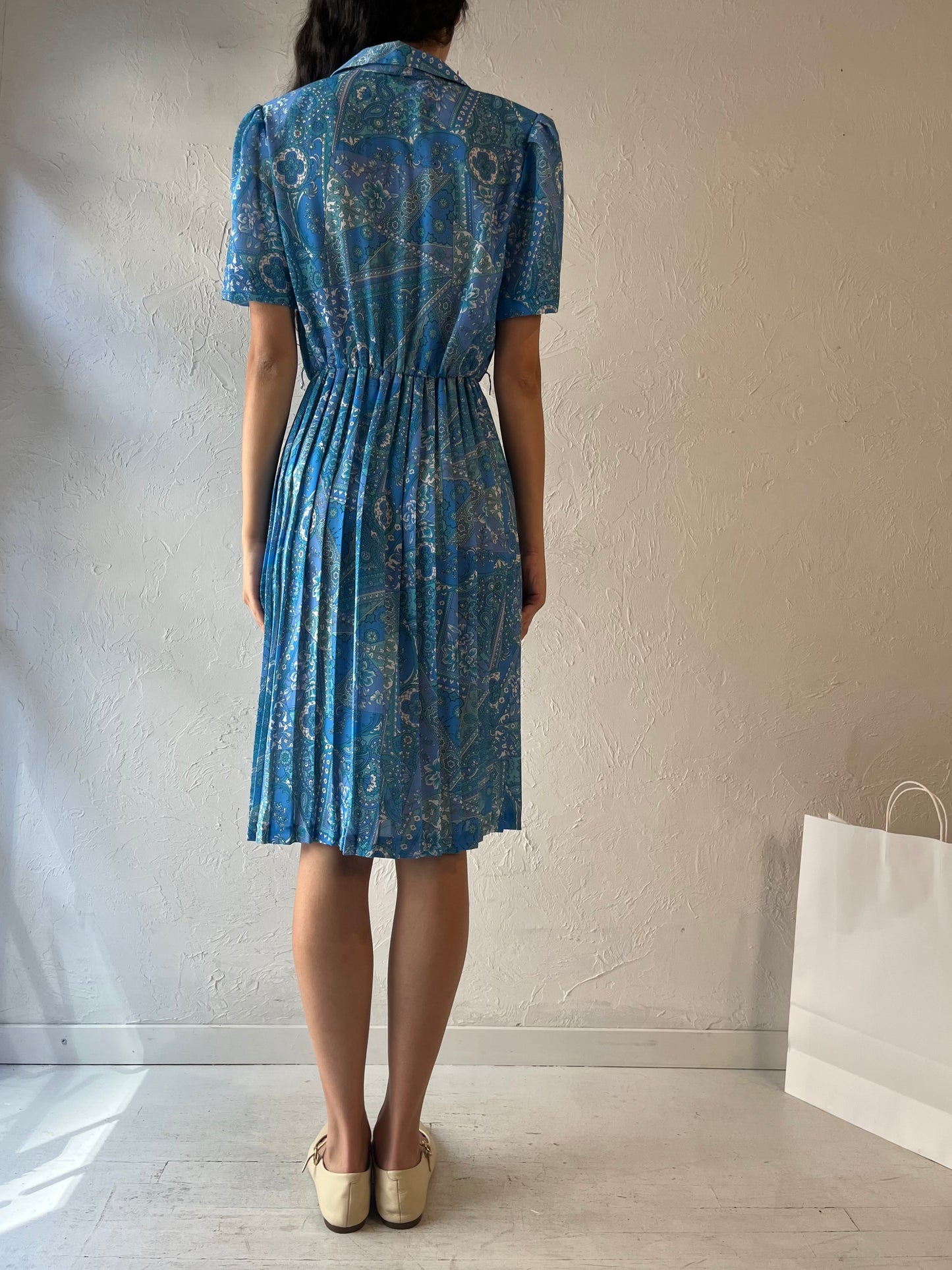 80s 'Leo Damal' Blue Paisley Midi Dress / Small