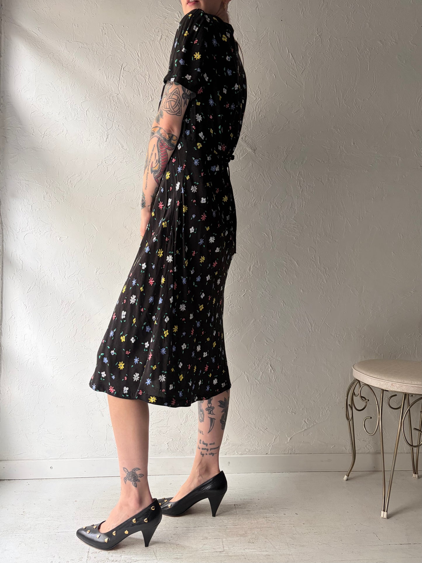 90s Black Floral Print Midi Dress / Small