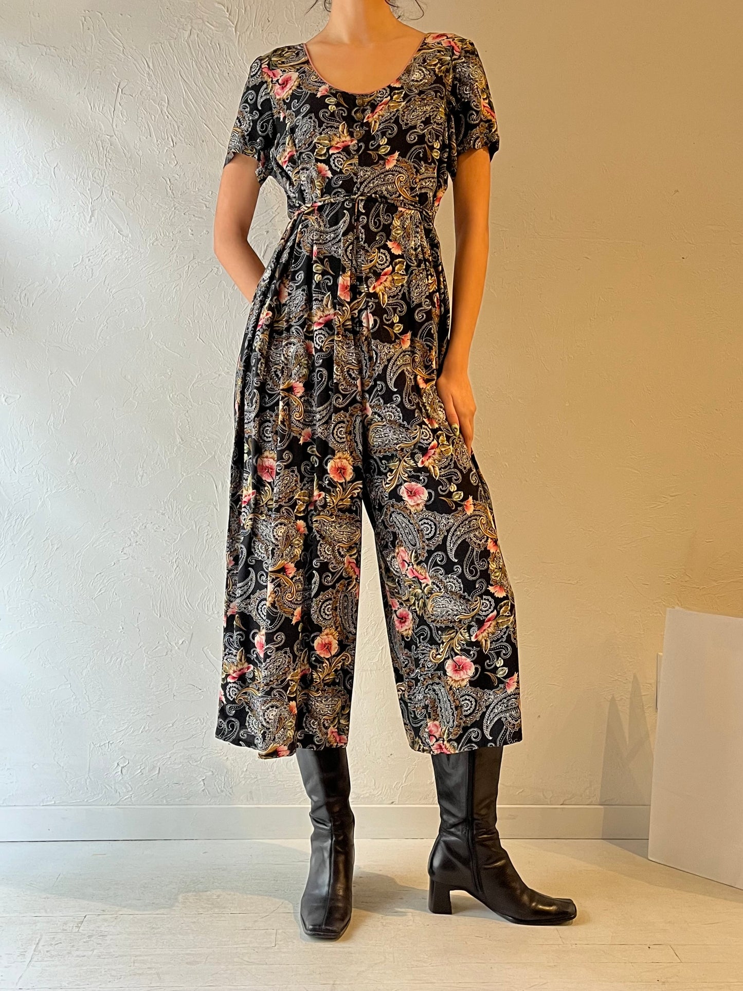 Vintage Handmade Black Paisley Floral Jumpsuit / Small