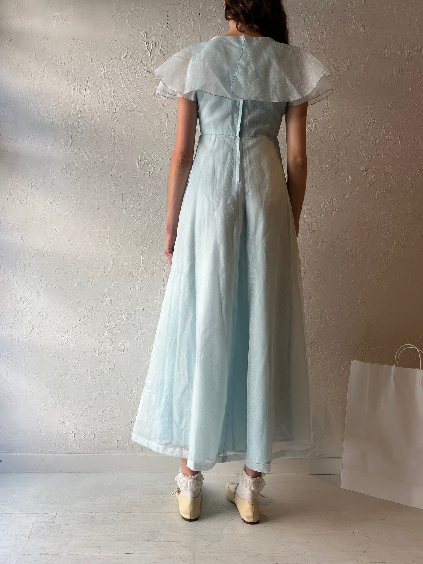 70s 'Pussy Cat' Baby Blue Maxi Dress / Small