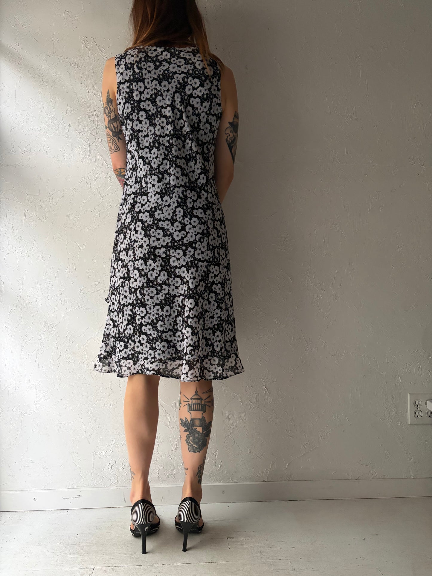 80s 'Alyn Paige' Black & White Floral Midi Dress / Vintage 1980s Retro Summer Dress / Small