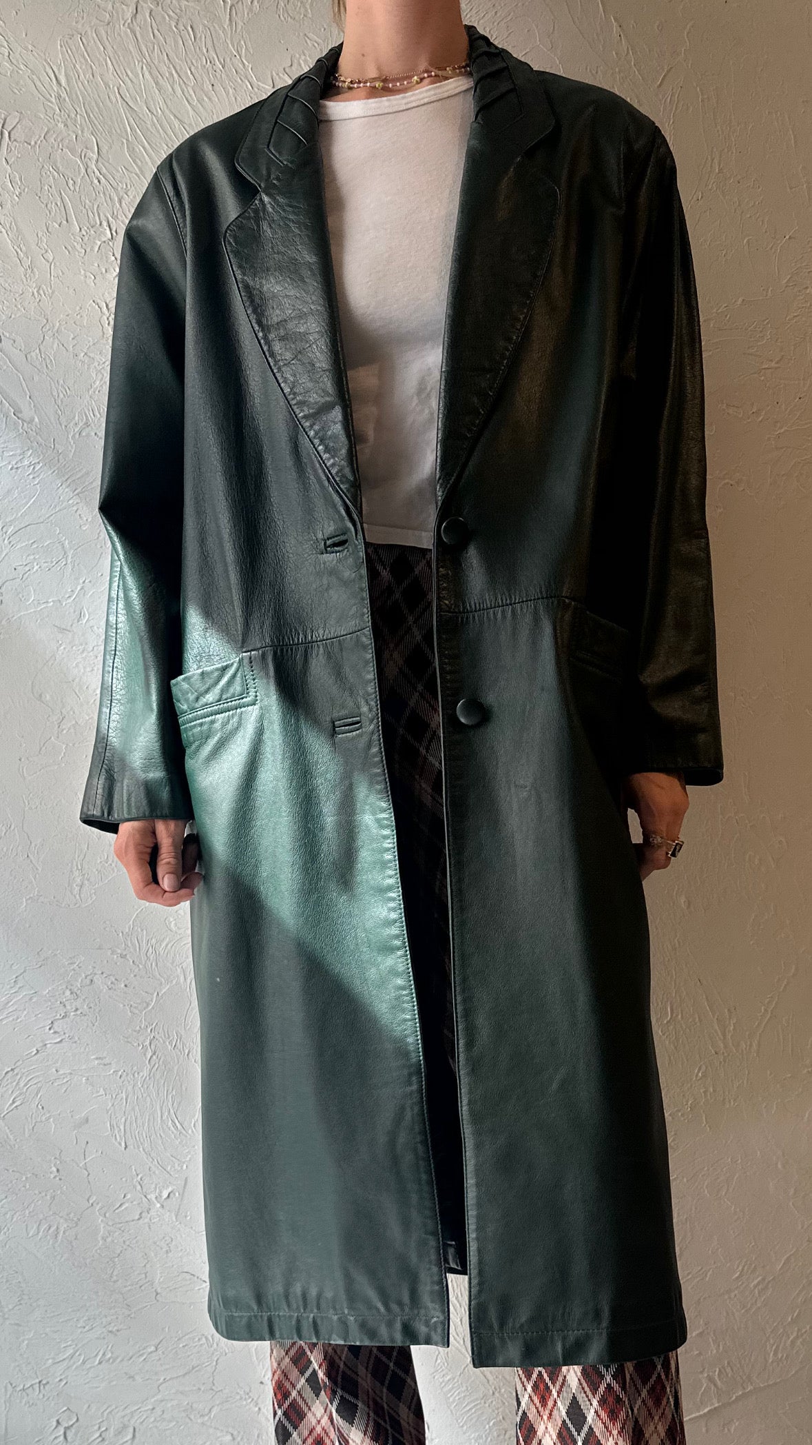 90s 'Charles Klein' Green Leather Coat / Medium