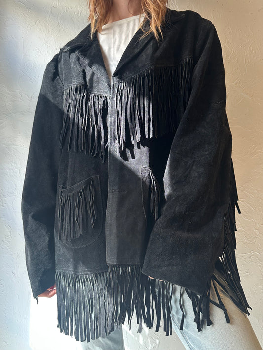 70s 'Cevys' Black Suede Fringe Jacket / Large