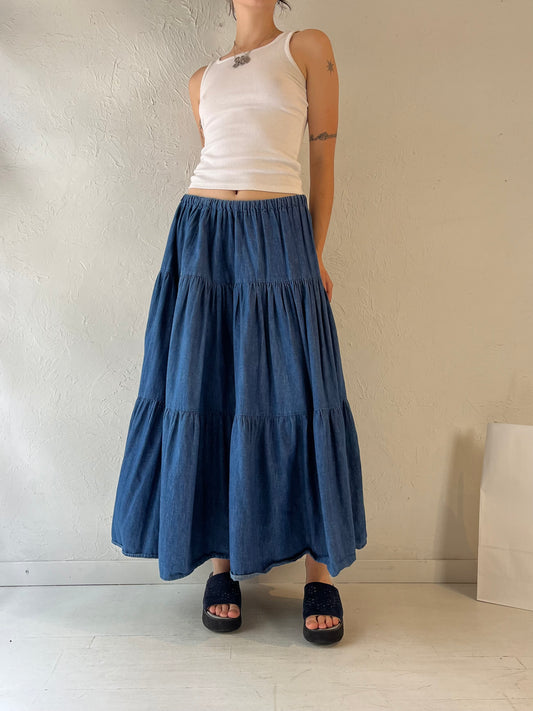 Vintage Handmade Tiered Denim Maxi Skirt / Medium