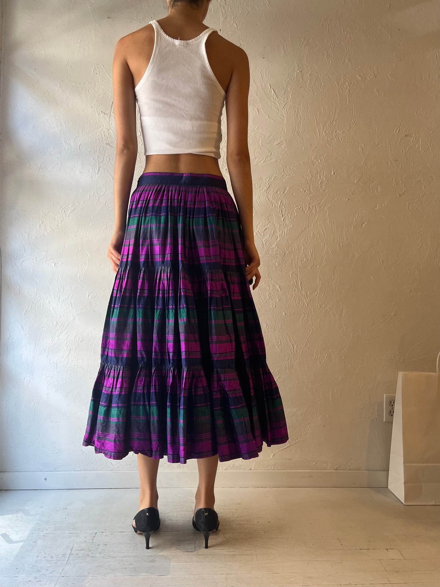Silk Purple Plaid Pleated Midi Skirt / Small