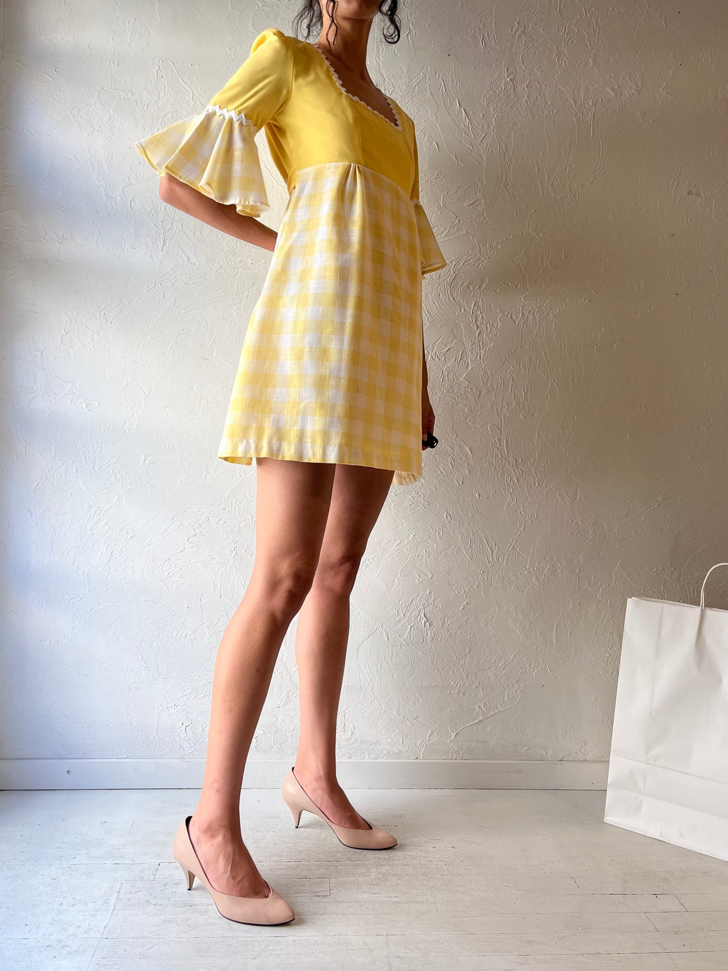 70s Hand Made Yellow Bell Sleeve Mini Dress / Small