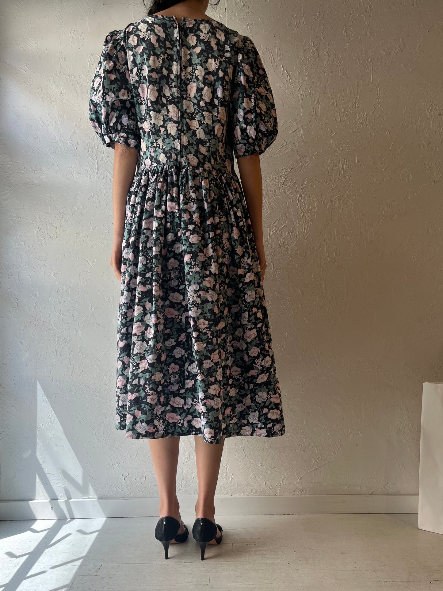 90s Handmade Puff Sleeve Floral Dress / Large